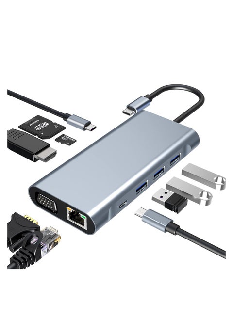 10 in 1 USB C Hub Adapter with 4K HDMI RJ45 Ethernet PD 100W SD TF Card Reader for MacBook Pro Air and More Type C Devices