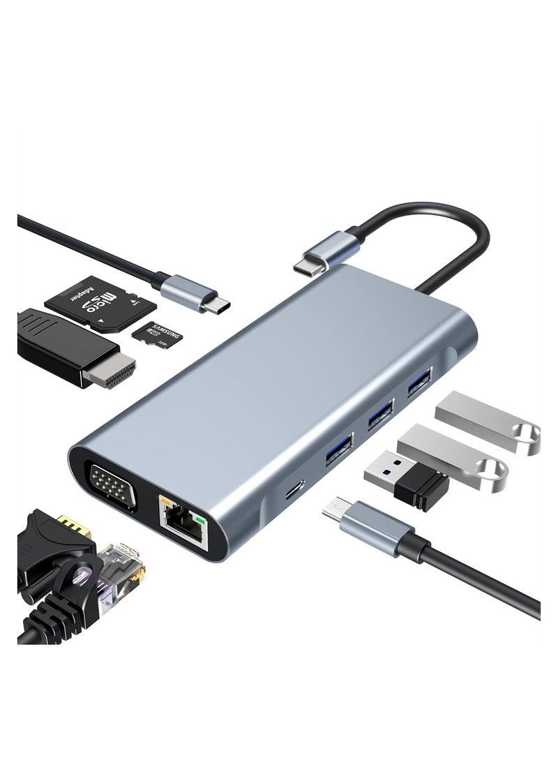 Captaintech 10 in 1 USB C Hub Adapter with 4K HDMI RJ45 Ethernet PD 100W SD TF Card Reader for MacBook Pro Air and More Type C Devices  - Image 1