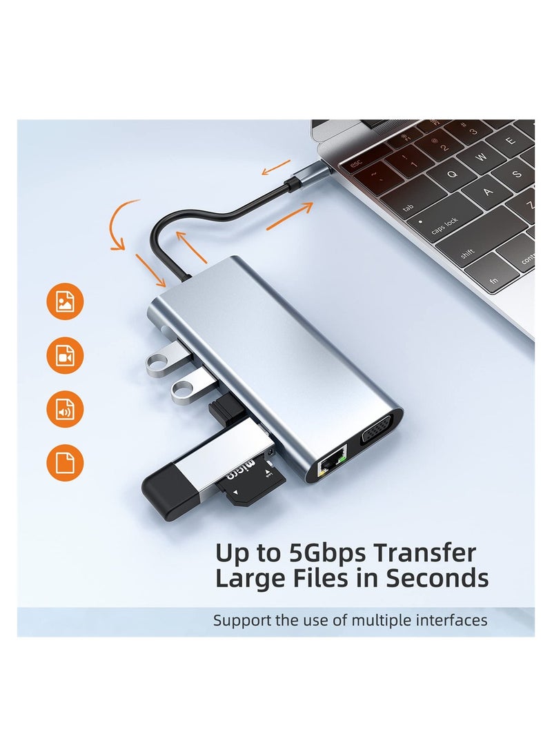 10 in 1 USB C Hub Adapter with 4K HDMI RJ45 Ethernet PD 100W SD TF Card Reader for MacBook Pro Air and More Type C Devices