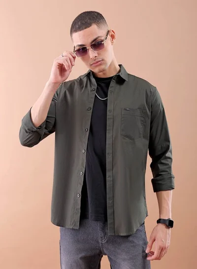 The Indian Garage Co Men Slim Fit Solid Full Sleeves Spread Collar Casual Shirt