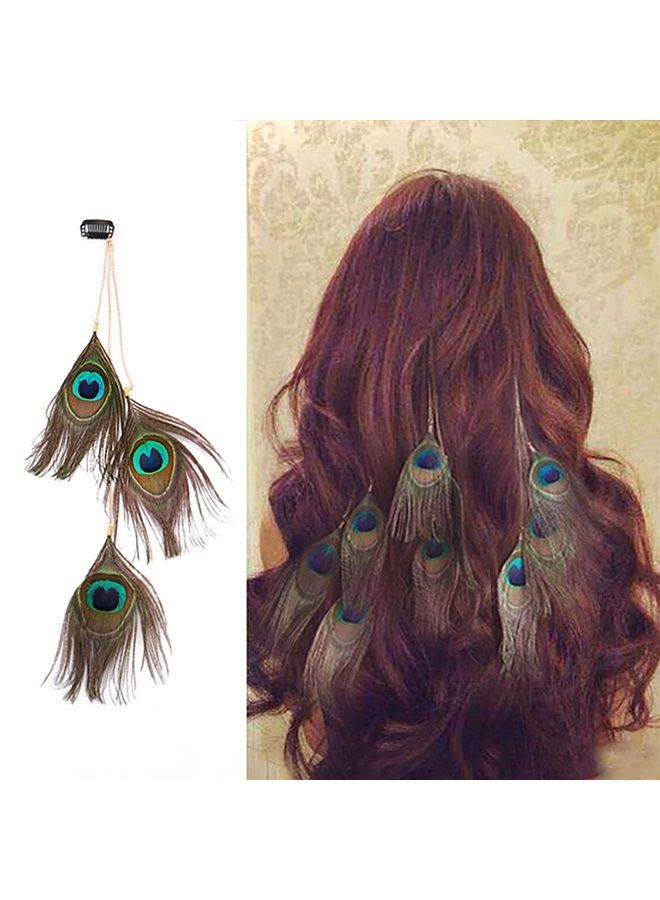Fodattm 3 قطع من ريش الطاووس اليدوي إكسسوار شعر هيبي طوق رأس بوهيمي مشابك شعر مشط دبوس شعر طاقية للنساء - Image 1