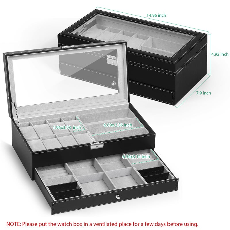 TomCare Watch Box Watch Case Jewelry Organizer Holder Jewelry Display Box Case Sunglasses Storage Organizer Lockable with Glass Top and PU Leather for Men Women, Black - Image 2