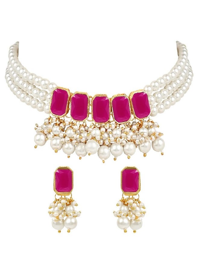 I Jewels - I Jewels 18K Gold Plated Traditional Stone Studded Multi Layered White Pearl Choker Necklace Jewellery Set with Earrings for Women And Girls (IJ355Q) - Image 1
