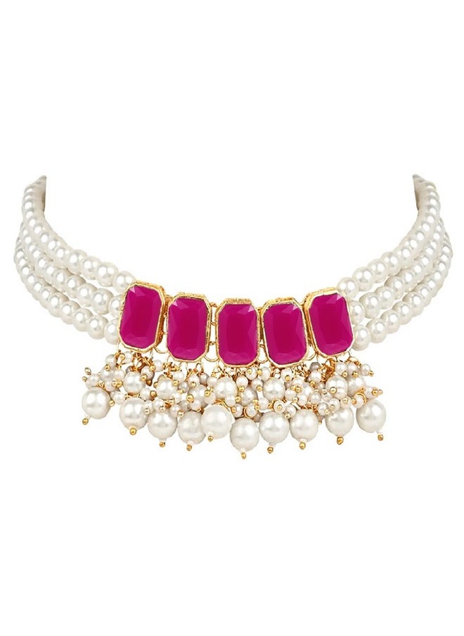 I Jewels - I Jewels 18K Gold Plated Traditional Stone Studded Multi Layered White Pearl Choker Necklace Jewellery Set with Earrings for Women And Girls (IJ355Q) - Image 1