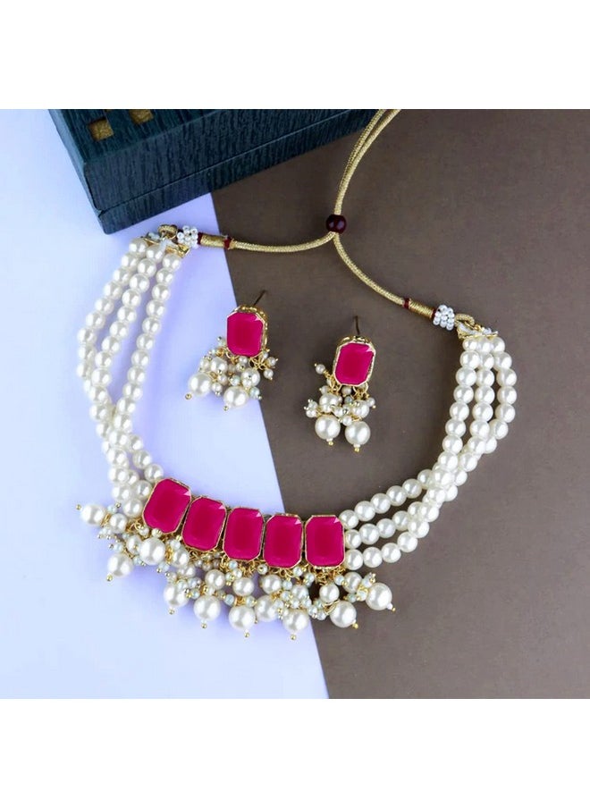 I Jewels - I Jewels 18K Gold Plated Traditional Stone Studded Multi Layered White Pearl Choker Necklace Jewellery Set with Earrings for Women And Girls (IJ355Q) - Image 1
