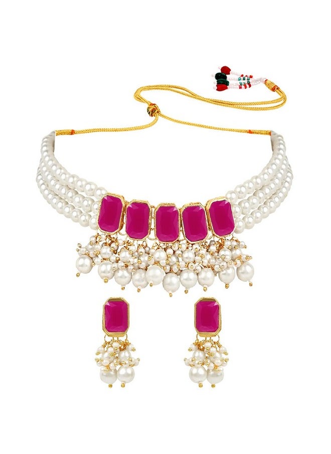 I Jewels - I Jewels 18K Gold Plated Traditional Stone Studded Multi Layered White Pearl Choker Necklace Jewellery Set with Earrings for Women And Girls (IJ355Q) - Image 1