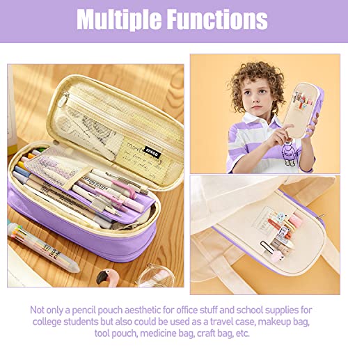 LHMTQVK Large Capacity Pencil Case Pencil Pouch Handheld Pen Bag, school pencil case for Teen Girl Boy Men Women Adult (Purple-beige) - Image 4