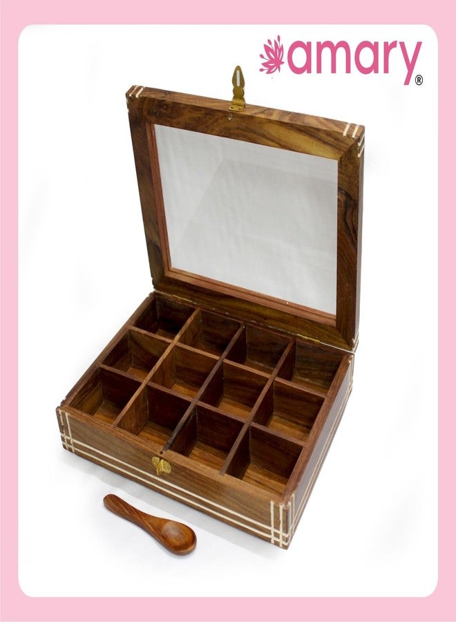 AMARY Handcrafted Sheesham Wooden Spice Box Set | 12 Fixed Compartments & Spoon | Decorative Masala Organizer for Kitchen & Dry Fruits - Image 3