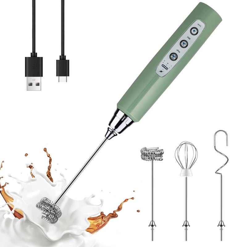 YUSWKO Granite Green Handheld Milk Frother Wand for Coffee Rechargeable Electric Whisk with 3 Heads 3 Speeds Drink Mixer Coffee Frother For Latte Cappuccino Hot Chocolate Egg