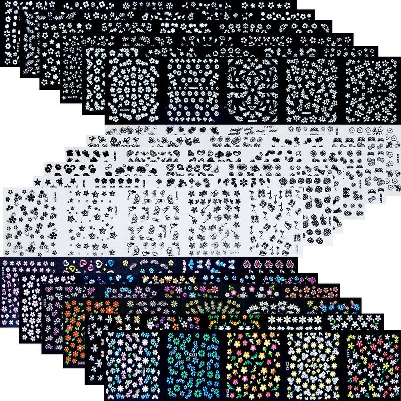 Tazimi 4500 Pieces Flowers Nail Stickers Kit 90 Sheets 3D Mini Nail Art Stickers Black White Colorful Various Patterns Flower Decals Self-Adhesive False Sticker for Women DIY Decor Birthday Party Favors Gift - Image 1