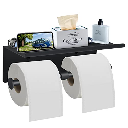 Bjiotun Toilet Paper Holder with Shelf Wall Mounted Toilet Paper Storage, Double Roll Tissue Holder Dispenser Bathroom Toilet Paper Holder (Matte Black) - Image 1