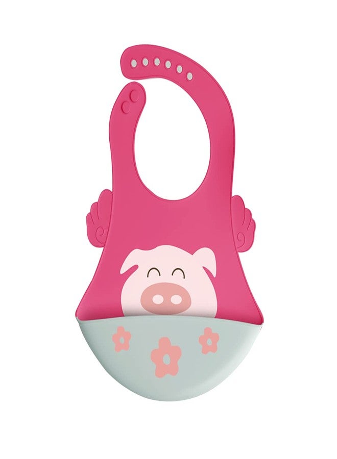 GUCHIGU Waterproof Silicone Baby Bib for Feeding Babies and Toddlers, Unisex Set of 2 Silicon Baby Feeding Bibs for Infants and Toddlers 4M to 4Yr Cute Printing with Rice Pocket (Pink, Set of 1) - Image 1