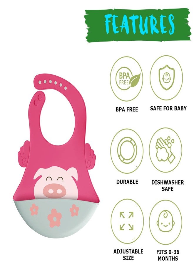 GUCHIGU Waterproof Silicone Baby Bib for Feeding Babies and Toddlers, Unisex Set of 2 Silicon Baby Feeding Bibs for Infants and Toddlers 4M to 4Yr Cute Printing with Rice Pocket (Pink, Set of 1) - Image 2