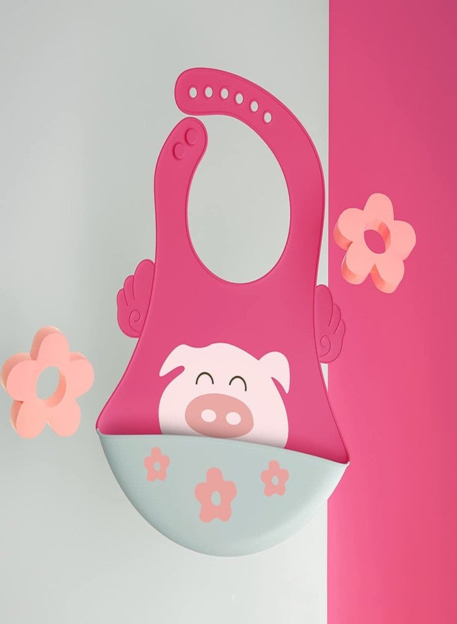 GUCHIGU Waterproof Silicone Baby Bib for Feeding Babies and Toddlers, Unisex Set of 2 Silicon Baby Feeding Bibs for Infants and Toddlers 4M to 4Yr Cute Printing with Rice Pocket (Pink, Set of 1) - Image 5