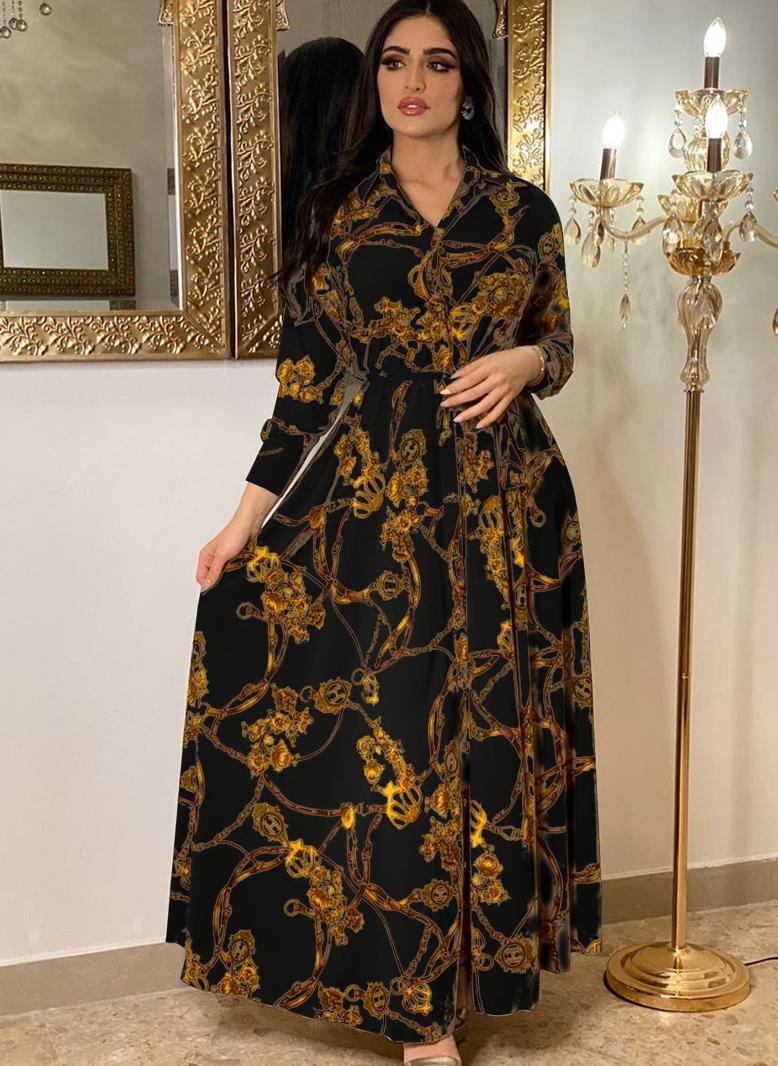 فرايديين كريمي طوق متقلب السلسلة ازرار كم القميص فساتين طويلة اسود - Image 2