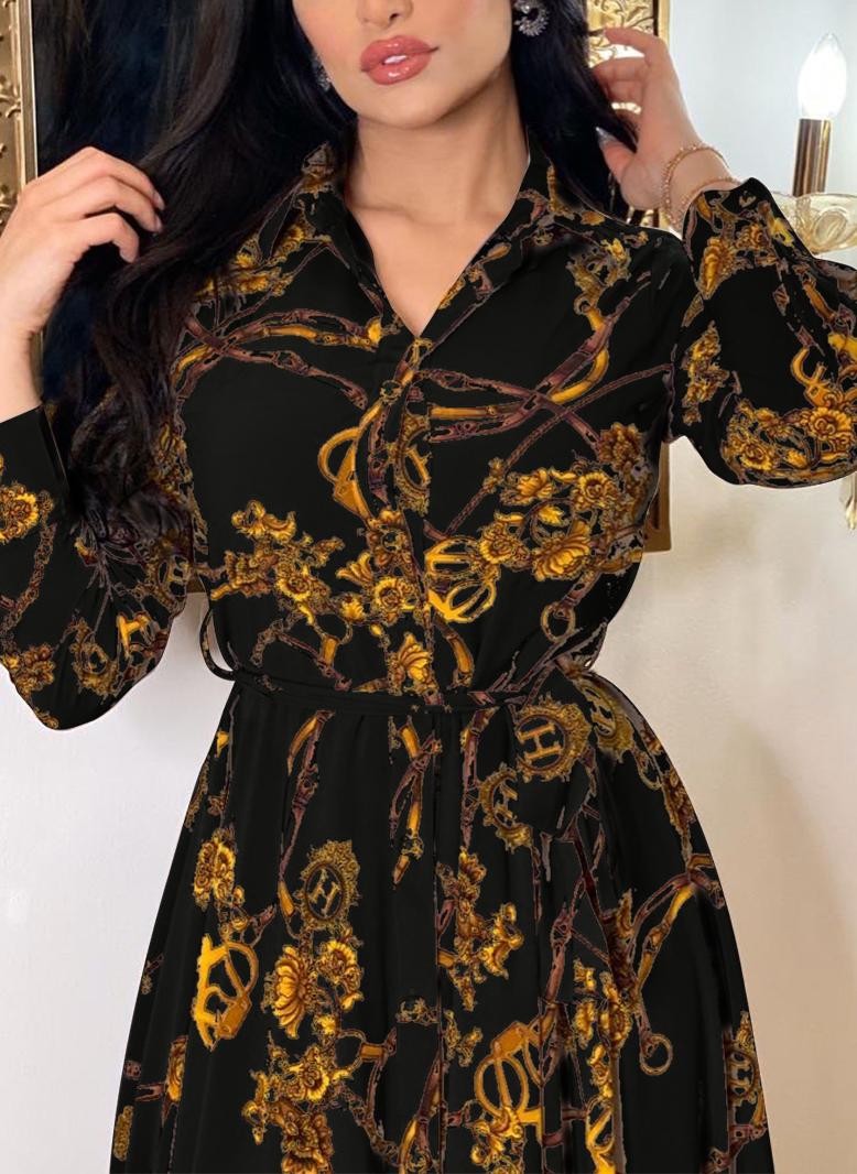 فرايديين كريمي طوق متقلب السلسلة ازرار كم القميص فساتين طويلة اسود - Image 3