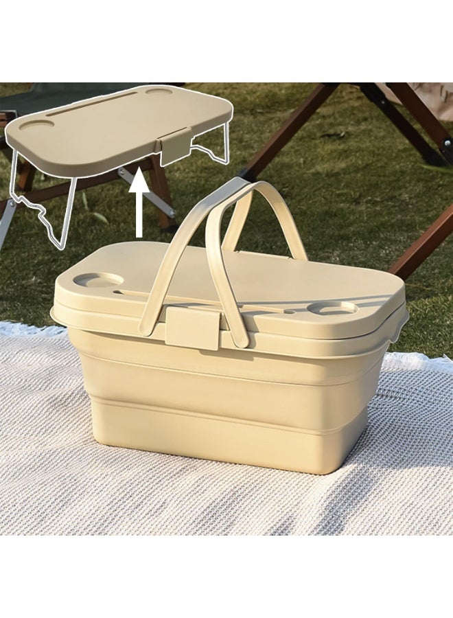 LBMT سلة نزهة قابلة للطي، سلة نزهة محمولة قابلة للطي بمقابض (مع غطاء طاولة)، سلة حديقة قابلة للطي، سلة حصاد قابلة للطي للتخييم والشاطئ والمشي لمسافات طويلة وسلة تخزين لتناول الطعام في الداخل (أبيض حليبي) - Image 1