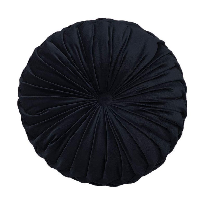Teieas Round Throw Pillow Velvet Home Decoration Pleated Round Pillow Cushion for Couch Chair Bed Car Black