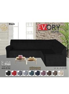 EVORY HOME Sofa Covers L Shape Velvet 6 Meter Slip Resistant and Highly Stretchy Black  - Image 1
