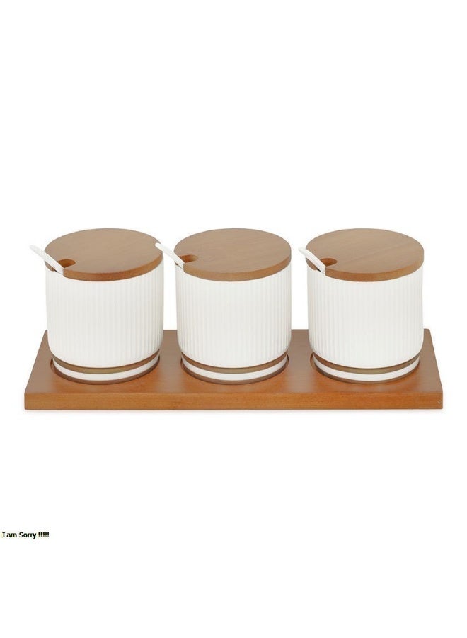 PROMASS 3-Pcs Ceramic Seasoning Jar Set with Wooden Lids and Tray