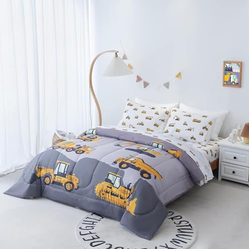 Cokouchyi Full Size Comforter Set for Boys, 5-Piece Bed in a Bag, 3D Construction Bedding Comforter Sheet Set, Ultra Soft and Fluffy, Cartoon Truck Cars - Image 2
