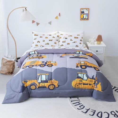 Cokouchyi Full Size Comforter Set for Boys, 5-Piece Bed in a Bag, 3D Construction Bedding Comforter Sheet Set, Ultra Soft and Fluffy, Cartoon Truck Cars - Image 1