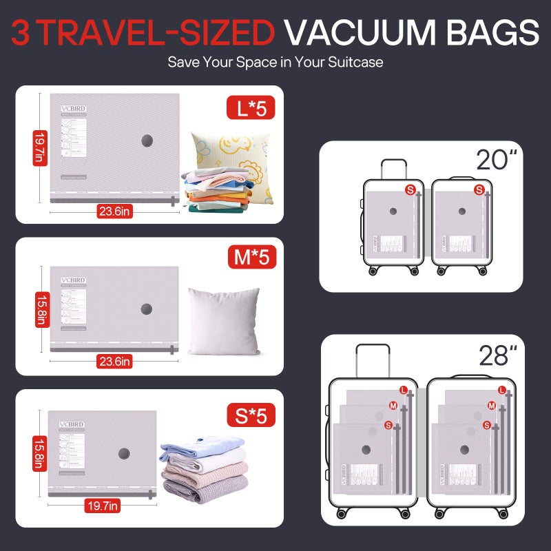 VMstr 15-Pack Vacuum Seal Bags for Clothing Travel, Carry-on Size for Luggage Compression Packing, Space Bags with Plug-in Electric Pump - Image 3