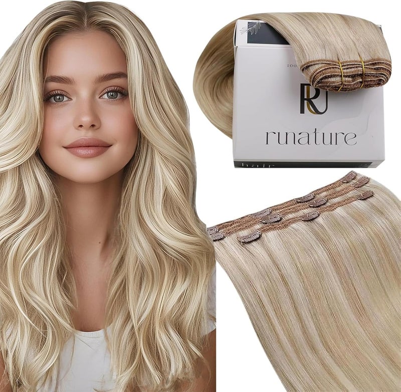 RUNATURE Blonde Clip in Hair Extensions Real Human Hair 12 Inch Human Hair Extensions Clip in Blonde Hair Extension Straight Remy Clip in Ectensions 50 Gram 3PCS 18AP60