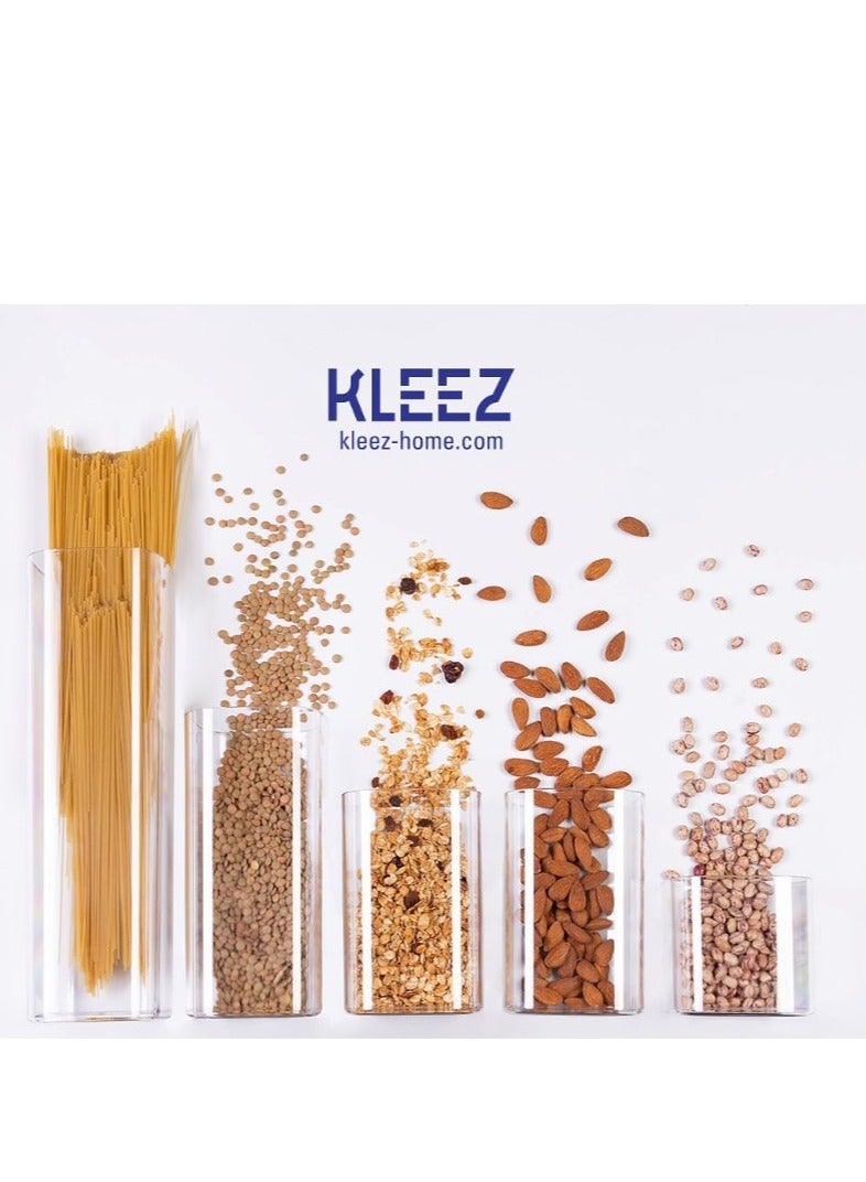 kleez Kleez Airtight Food Storage Container Set of 5 with Wooden Lids & Stand – Tall & Stackable Jars for Pasta, Cereal, Beans, and Pantry Organization – 1900cc, 1300cc (x2), 900cc, 500cc – BPA-Free Kitchen - Image 2