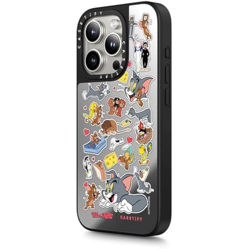 Casetify Mirror Case for iPhone 15 Pro 【Tom and Jerry Colab/Reflective / 4.9ft Drop Protection/Compatible with Magsafe】 - Family Sticker - Silver on Black - Image 4