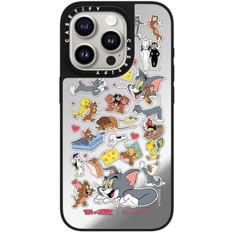 Casetify Mirror Case for iPhone 15 Pro 【Tom and Jerry Colab/Reflective / 4.9ft Drop Protection/Compatible with Magsafe】 - Family Sticker - Silver on Black - Image 5
