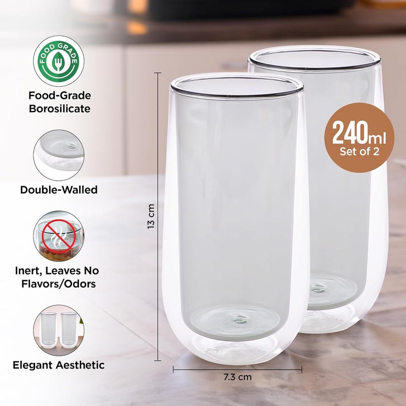 UMAI Double Wall Borosilicate Glass Coffee Mug Cups Set of 2 240ml Each Thermal Resistance Microwave Dishwasher Safe Gifting Pack for FriendsFamilyCouples Grey - Image 3