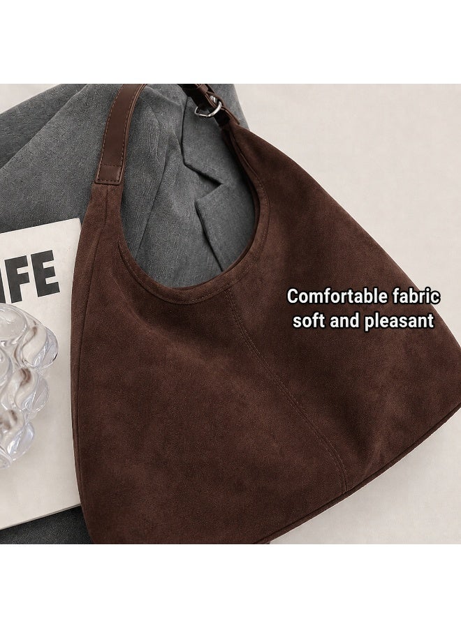 Women's Large Capacity Suede-Effect Hobo Tote Bag, Adjustable Shoulder Strap, Coffee Brown - Image 2