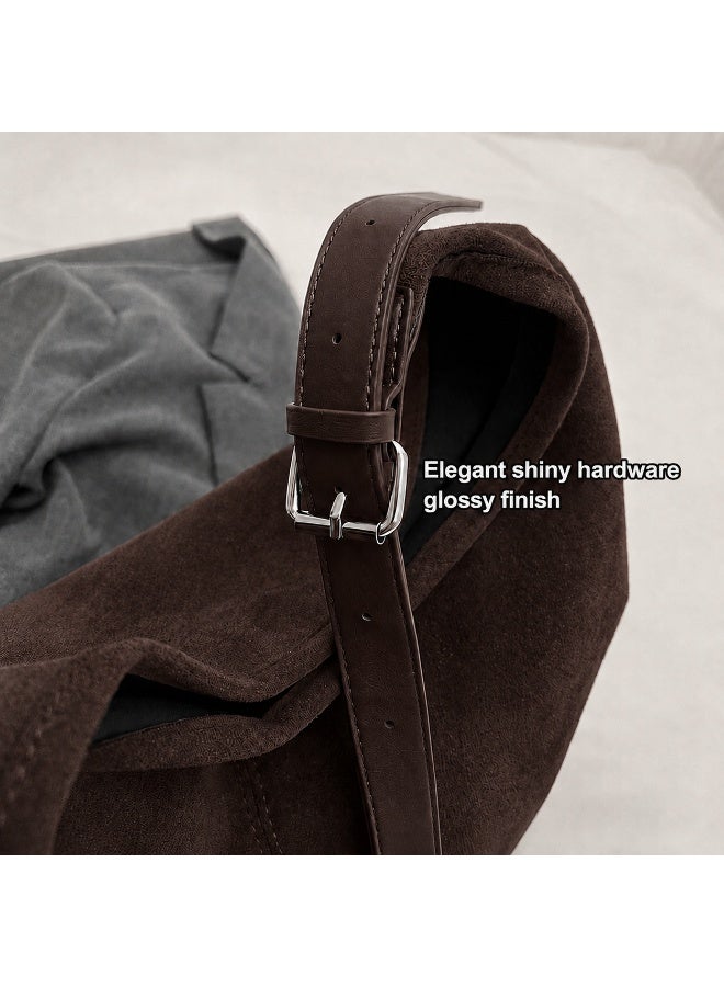 Women's Large Capacity Suede-Effect Hobo Tote Bag, Adjustable Shoulder Strap, Coffee Brown - Image 4