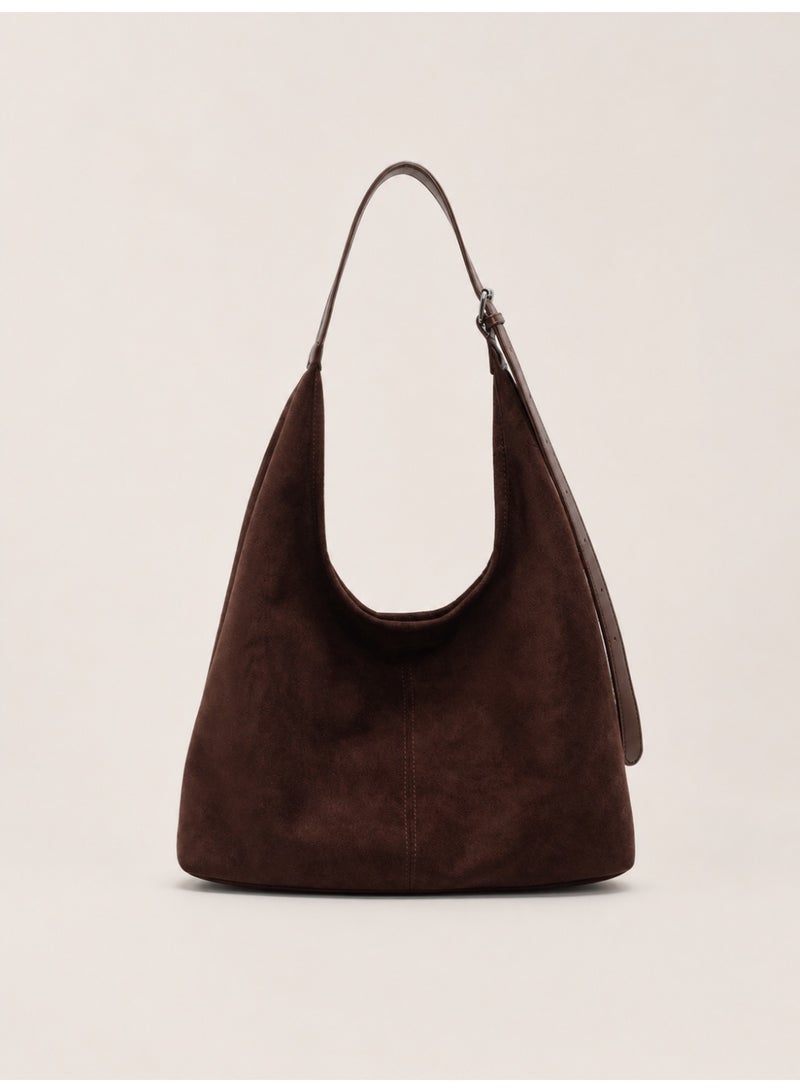 Women's Large Capacity Suede-Effect Hobo Tote Bag, Adjustable Shoulder Strap, Coffee Brown - Image 1