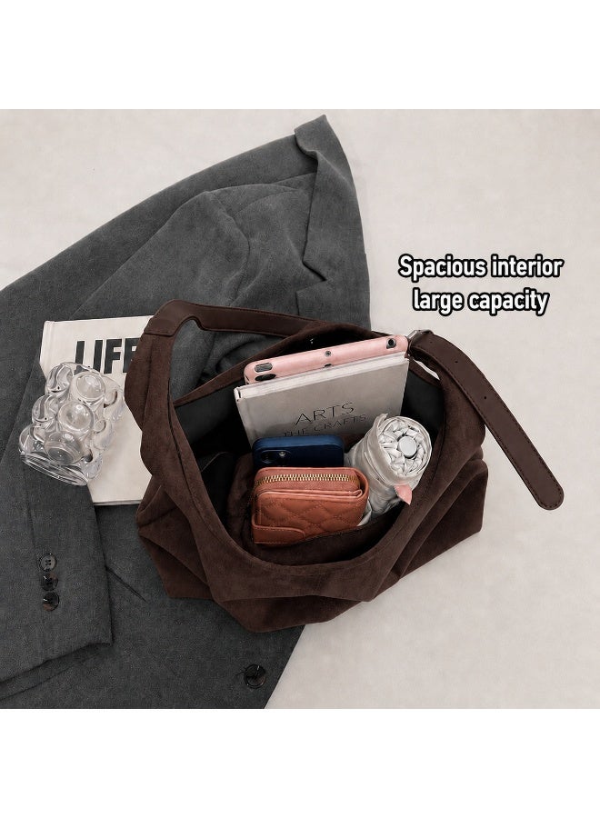 Women's Large Capacity Suede-Effect Hobo Tote Bag, Adjustable Shoulder Strap, Coffee Brown - Image 3