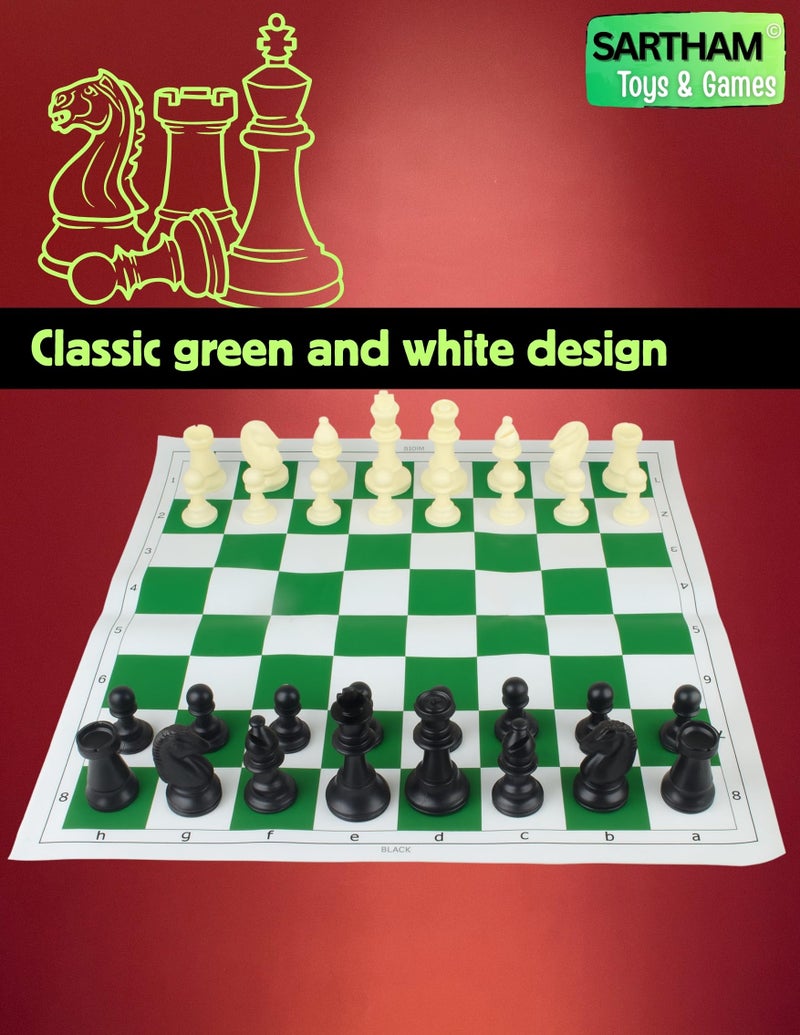 SARTHAM Chess Tournament Set | 17'' X 17'' (Inches) - for Professional Chess Players - Green and White Foldable Travelling Mat, Adult 32pieces - Image 3