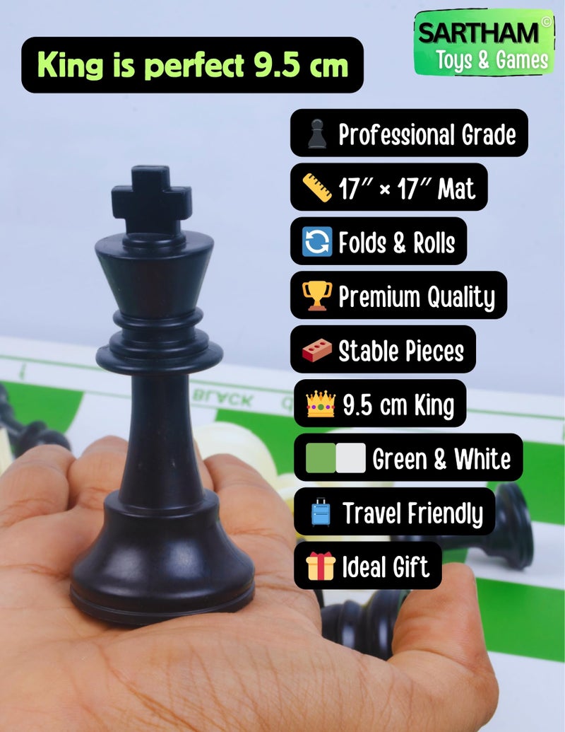 SARTHAM Chess Tournament Set | 17'' X 17'' (Inches) - for Professional Chess Players - Green and White Foldable Travelling Mat, Adult 32pieces - Image 5