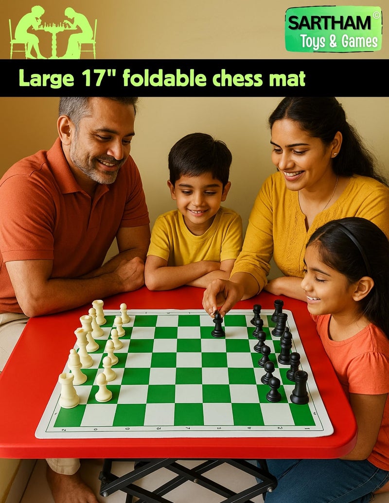 SARTHAM Chess Tournament Set | 17'' X 17'' (Inches) - for Professional Chess Players - Green and White Foldable Travelling Mat, Adult 32pieces - Image 2