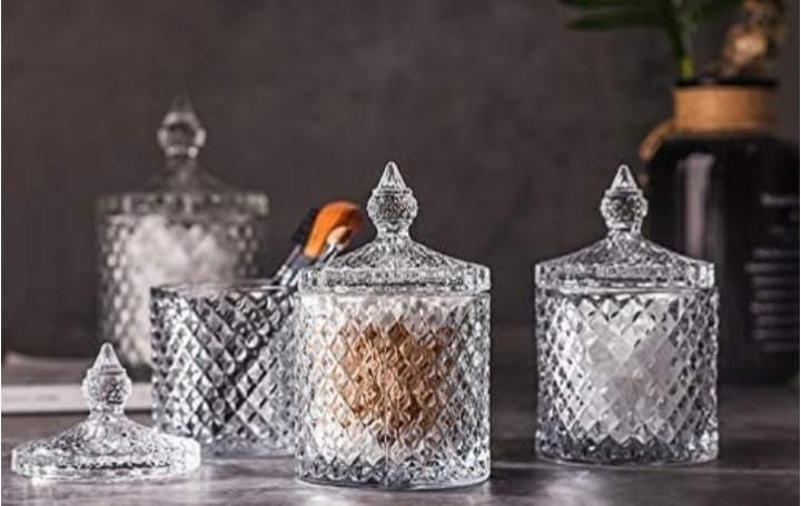 Crystal Glass Storage Jars with Diamond Pattern Decorative Candy Containers with Lids Set of 2 Clear  - Image 2