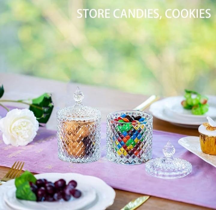 Crystal Glass Storage Jars with Diamond Pattern Decorative Candy Containers with Lids Set of 2 Clear  - Image 4