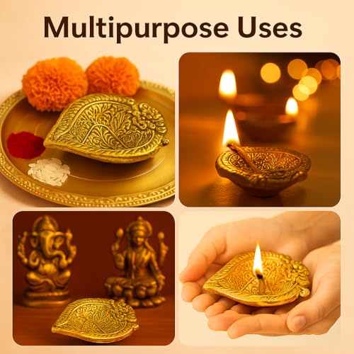 Indian-Shelf IndianShelf Pack of 20 Aarti Diyas – Premium Aluminium Paan Leaf Oil Lamps with Gold Finish, Traditional Pooja Items for Home Temple, Diwali Decoration & Festive Gift - Image 5