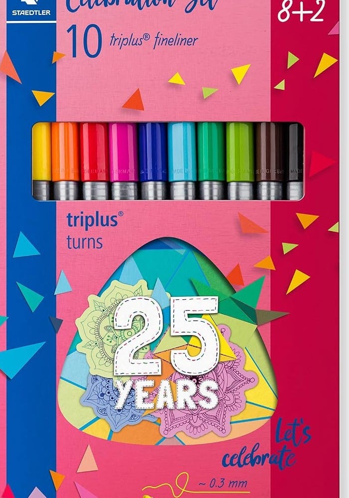 STAEDTLER Triplus Fineliner Celebration Set - 10 Assorted Colours, 0.3mm Line Width, Limited Edition Bonus Pack (8 + 2 FREE) - Image 1