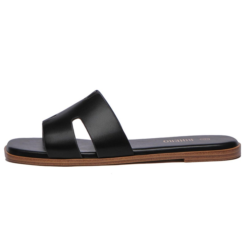 Rihero Black Flat Sandals for Women Dressy Summer Slip On Peep Toe Slide Black Sandals Size 8 - Image 4