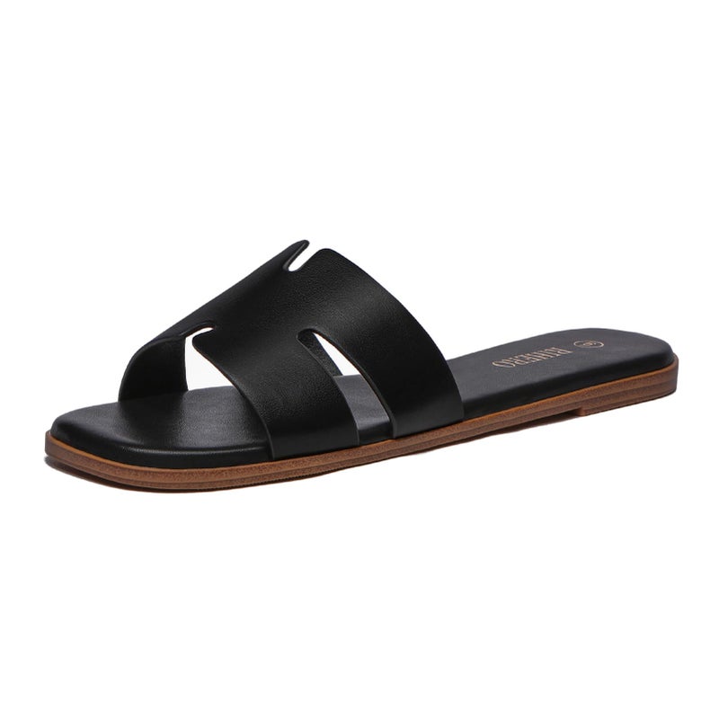 Rihero Black Flat Sandals for Women Dressy Summer Slip On Peep Toe Slide Black Sandals Size 8 - Image 1