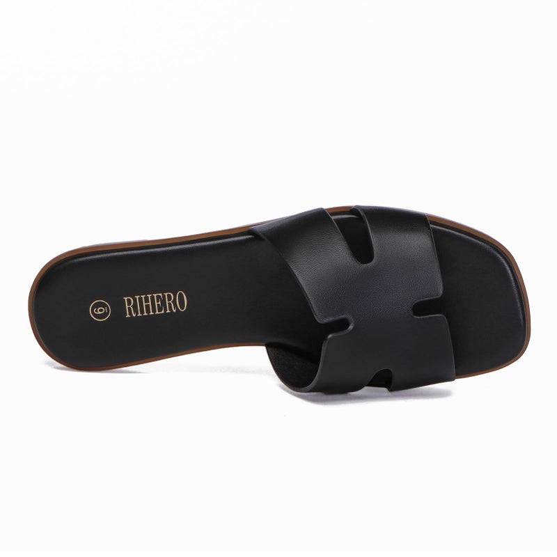 Rihero Black Flat Sandals for Women Dressy Summer Slip On Peep Toe Slide Black Sandals Size 8 - Image 5