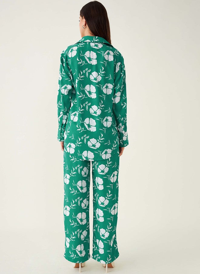 SALT ATTIRE Green & White Printed Shirt and Flared Trouser Co-Ords - Image 4