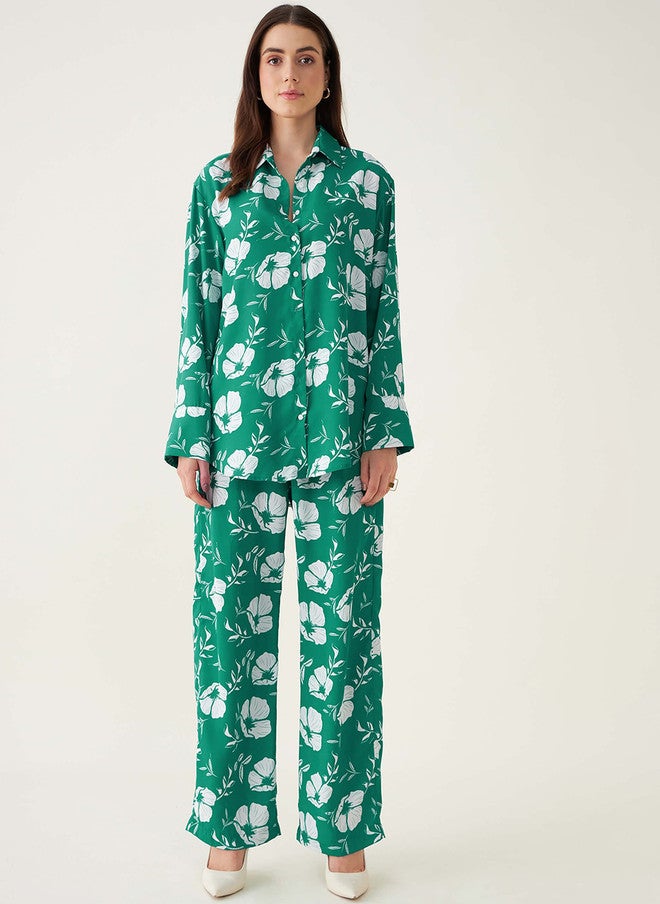 SALT ATTIRE Green & White Printed Shirt and Flared Trouser Co-Ords - Image 1