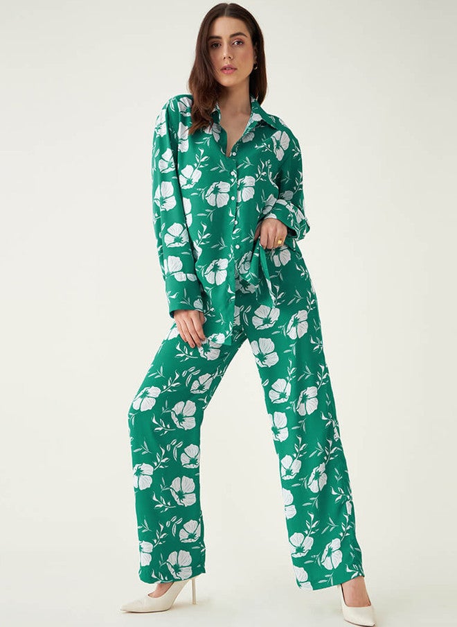 SALT ATTIRE Green & White Printed Shirt and Flared Trouser Co-Ords - Image 5