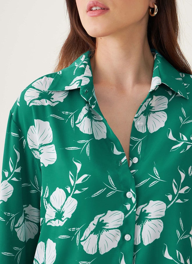 SALT ATTIRE Green & White Printed Shirt and Flared Trouser Co-Ords - Image 2